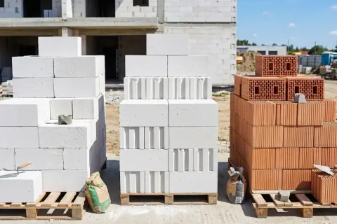 Porównanie materiałów budowlanych: biały beton komórkowy i czerwony silikat. Na budowie widać palety z bloczkami.