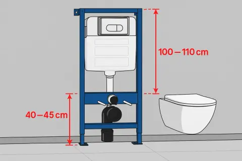 Stelaż WC z widocznymi wymiarami: 100-110 cm wysokości i 40-45 cm od podłogi do dolnej części spłuczki. Obok widać wiszącą miskę WC.