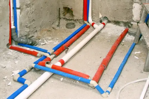 Skomplikowana instalacja wodna w domu, z rurami czerwonymi, niebieskimi i białymi, gotowa do zapewnienia komfortu.