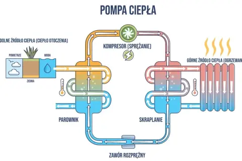 Schemat pompy ciepła powietrze-powietrze ogrzewanie domu. Pokazuje pobieranie ciepła z otoczenia (powietrze, woda, ziemia) i przekazywanie go do systemu grzewczego.