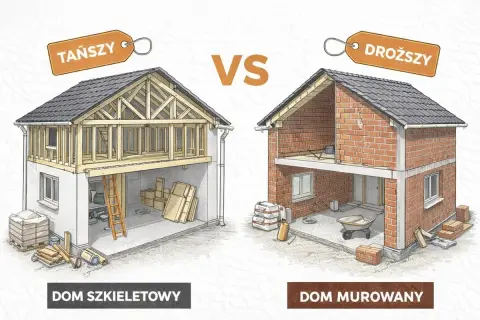 Porównanie: dom szkieletowy (tańszy) z widocznym drewnianym szkieletem i dom murowany (droższy) z ceglanymi ścianami.
